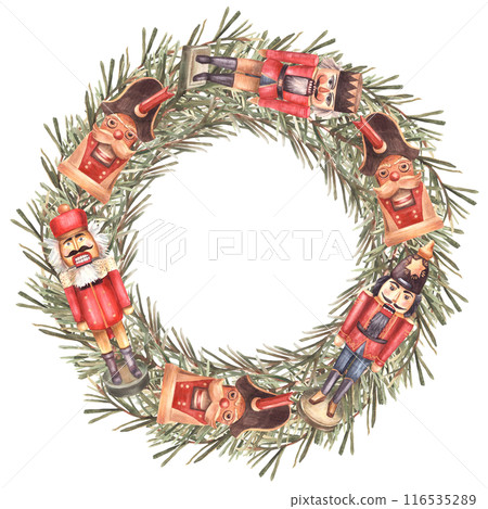 Christmas wreath. Spruce tree branches with nutcrackers retro toy Natural circle frame with traditional Xmas vintage decor. Festive card template Watercolor painted illustration on isolated background Christmas wreath. Spruce tree branches with nutcrackers retro toy Natural circle frame with traditional Xmas vintage decor. Festive card template Watercolor painted illustration on isolated background 116535289