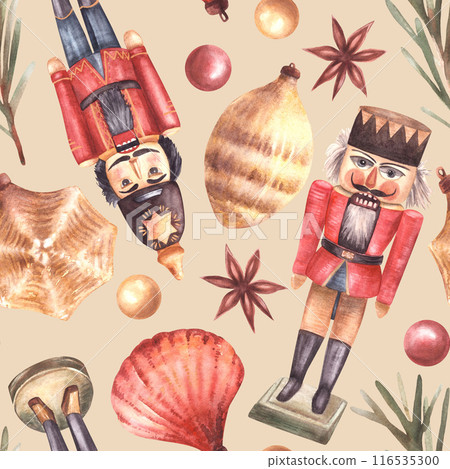 Christmas Pattern. Vintage ornaments Nutcracker toy, tree branch, red, gold balls, cone, shell, star. Xmas seamless wrapping paper, napkins. Watercolor painted illustration Isolated beige background 116535300