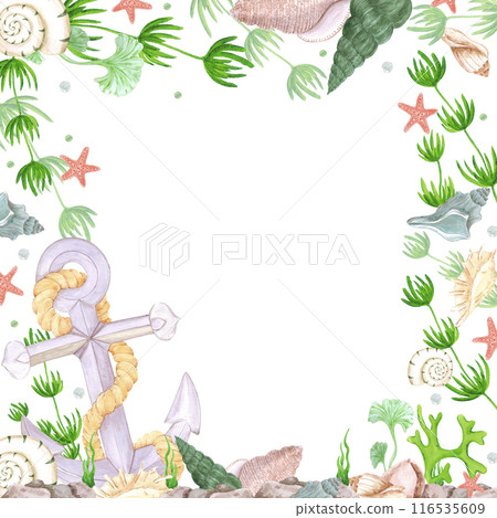 Hand drawn watercolor anchor with seashells frame border isolated on white background. Marine illustration can be used for card, label, invitation and other printed products. 116535609