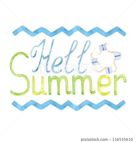 Hand drawn watercolor summer postcard text composition isolated on white background. Marine illustration can be used for card, label, invitation and other printed products. 116535610