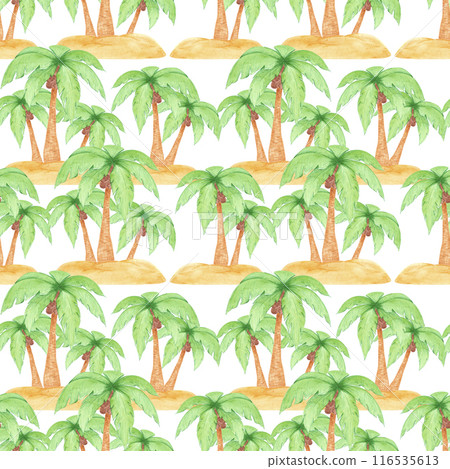 Hand drawn watercolor palm trees on the sand seamless pattern isolated on white background. Can be used for textile, fabric, scrapbook and other printed products. 116535613