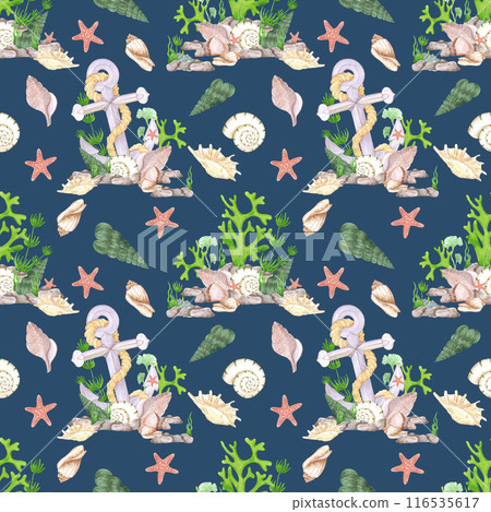 Hand drawn watercolor anchor and seashells seamless pattern isolated on dark blue background. Marine illustration can be used for textile, fabric, wrapping and other printed products. Hand drawn watercolor anchor and seashells seamless pattern isolated on dark blue background. Marine illustration can be used for textile, fabric, wrapping and other printed products. 116535617