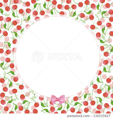 Hand drawn watercolor ripe cherries with green leaves wreath frame border isolated on white background. Can be used for postcard, invitation, scrapbook and other printed products. Hand drawn watercolor ripe cherries with green leaves wreath frame border isolated on white background. Can be used for postcard, invitation, scrapbook and other printed products. 116535627