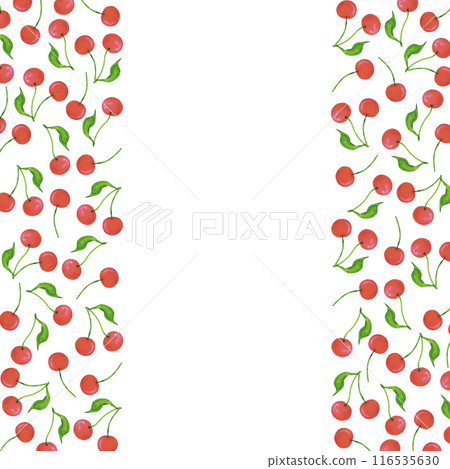 Hand drawn watercolor ripe cherries with green leaves wreath frame border isolated on white background. Can be used for postcard, invitation, scrapbook and other printed products. Hand drawn watercolor ripe cherries with green leaves wreath frame border isolated on white background. Can be used for postcard, invitation, scrapbook and other printed products. 116535630