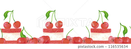 Hand drawn watercolor piece of cake with ripe cherries seamless border isolated on white background. Can be used for textile, fabric, scrapbook and other printed products. Hand drawn watercolor piece of cake with ripe cherries seamless border isolated on white background. Can be used for textile, fabric, scrapbook and other printed products. 116535634