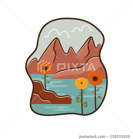Outdoor adventure badge. Camping adventure label in retro style. Mountain logo graphics for t-shirt. Stock vector artwork with sunflower Outdoor adventure badge. Camping adventure label in retro style. Mountain logo graphics for t-shirt. Stock vector artwork with sunflower 116535820