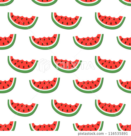 Seamless pattern with watermelon bite slice. Summer fruit print design for postcard, wrapping paper, textile, wallpaper. Vector flat illustration. 116535891