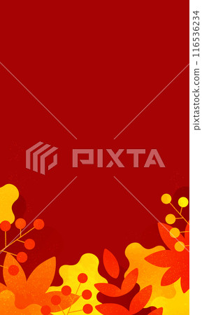 A red background with the image of autumn leaves. Autumn illustration material. A vertical frame suitable for smartphone banners and backgrounds. 116536234