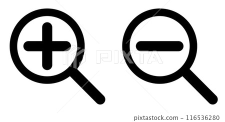 magnifying glass silhouette shape with plus and minus, zoom in and out symbol, black and white vector illustration icon set 116536280