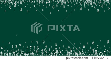 Scattered numbers. White chalk digits flying chaotic. Back to school mathematics banner on blackboard background. Falling numbers vector illustration. 116536407