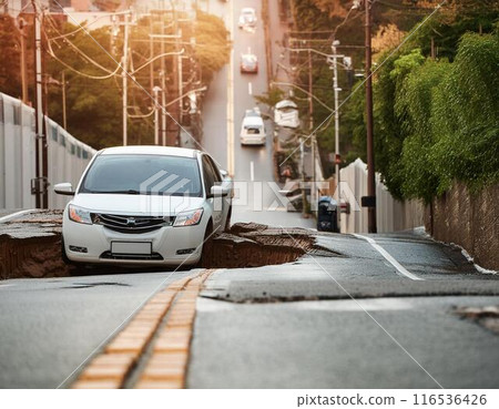 汽車跌落到因大雨而塌陷的道路上 116536426