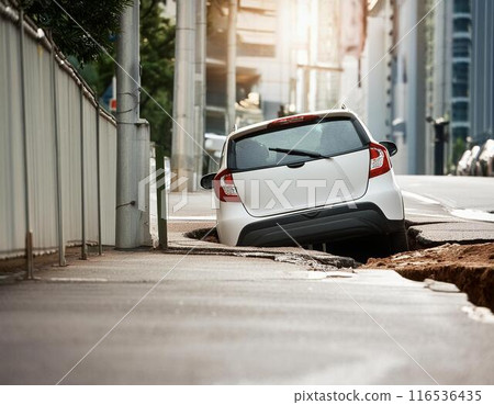汽車跌落到因大雨而塌陷的道路上 116536435