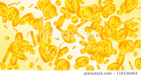 Japanese yen coins falling. Scattered gold JPY coins. Japan money. Great business success concept. Wide vector illustration. 116536465