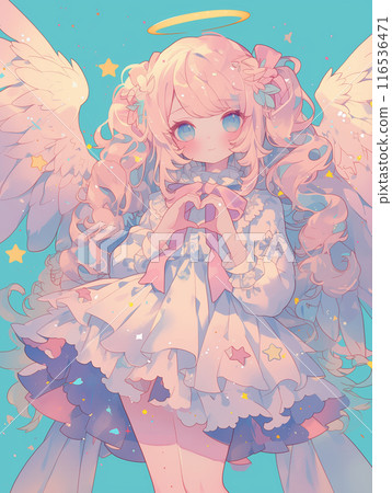 Cute angel girl making a heart shape with her hands / AI generated 116536471