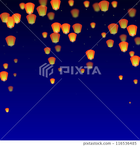 Yi peng festival card. Thailand holiday with paper lantern lights flying in the night sky. Traditional Yi Peng celebration. Vector illustration on dark blue background. Yi peng festival card. Thailand holiday with paper lantern lights flying in the night sky. Traditional Yi Peng celebration. Vector illustration on dark blue background. 116536485