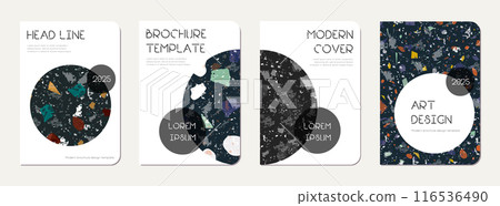 Note book cover design. Terrazzo abstract background made of natural stones, granite, quartz and marble. Venetian terrazzo texture note book template. 116536490