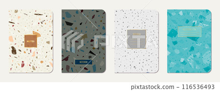 Brochure cover design. Terrazzo abstract background made of natural stones, granite, quartz and marble. Venetian terrazzo texture brochure template. Brochure cover design. Terrazzo abstract background made of natural stones, granite, quartz and marble. Venetian terrazzo texture brochure template. 116536493