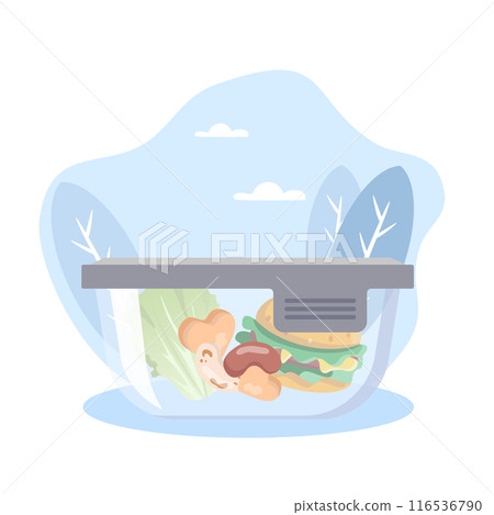 Refrigerator preserving food freshness with open door showing healthy balanced diet inside 116536790