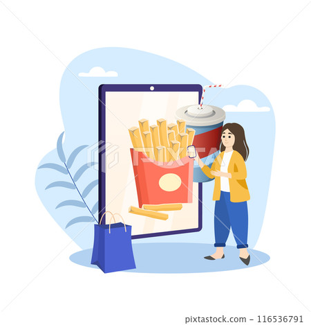 Woman ordering fast food online using smartphone app on huge tablet screen 116536791