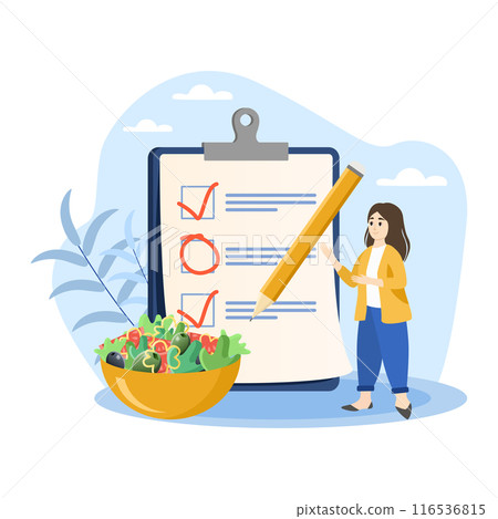 Nutritionist creating healthy eating plan with checklist and fresh salad 116536815