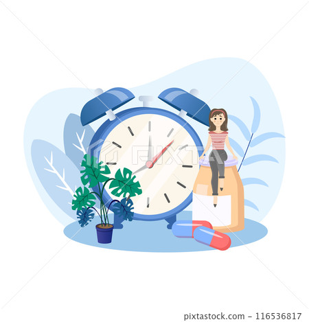 Woman sitting on a pill bottle taking her daily medication with a giant alarm clock 116536817