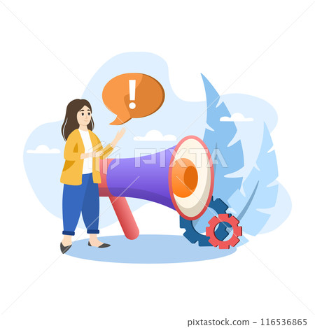 Woman making important announcement using megaphone for marketing campaign 116536865