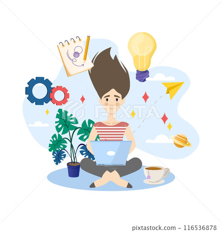 Young woman working from home using laptop generating creative ideas Young woman working from home using laptop generating creative ideas 116536878