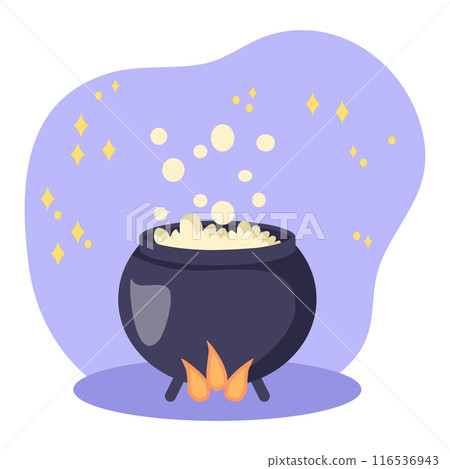Cartoon style illustration of a magic potion boiling in a cast iron cauldron on fire Cartoon style illustration of a magic potion boiling in a cast iron cauldron on fire 116536943