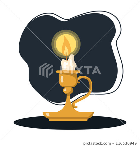 Candle burning brightly on golden candlestick in dark room 116536949
