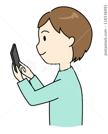 一個年輕人以正確的姿勢拿著智慧型手機 一個年輕人以正確的姿勢拿著智慧型手機 116536991
