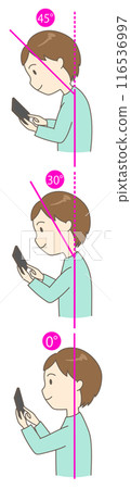 A comparison illustration of three angles of a young man looking at his smartphone with correct posture and hunched back (vertical) 116536997