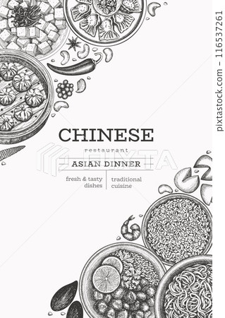 Chinese Cuisine Design Template. Vector Hand Drawn Asian Food Banner. Vintage Style Menu Illustration. Chinese Cuisine Design Template. Vector Hand Drawn Asian Food Banner. Vintage Style Menu Illustration. 116537261