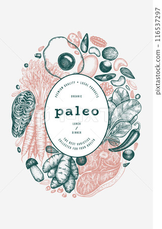 Paleo Diet Design Template. Vector Hand Drawn Healthy Food Banner. Vintage Style Menu Illustration. Paleo Diet Design Template. Vector Hand Drawn Healthy Food Banner. Vintage Style Menu Illustration. 116537297