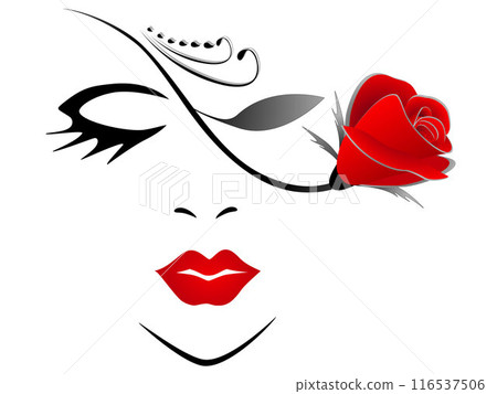 Abstract portrait of a girl with a red rose on a white background. 116537506
