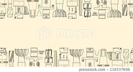Mechanical engineering drawings on sepia background. Tap tools, borer. Technical Design. Cover. Blueprint. Seamless pattern. Vector illustration. 116537698