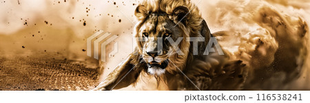 雄獅噴出沙煙，全力追逐獵物 116538241