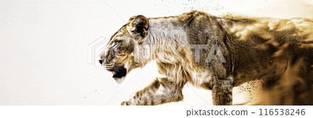 一隻強壯的獅子衝向獵物的側面視圖 116538246