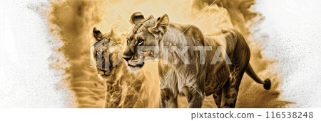 兩隻獅子尋找獵物行走的插圖 116538248