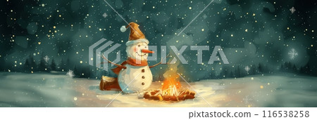 下雪的深夜,雪人在營火旁取暖 下雪的深夜,雪人在營火旁取暖 116538258