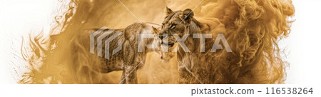Illustration of two lions standing in the dust Illustration of two lions standing in the dust 116538264
