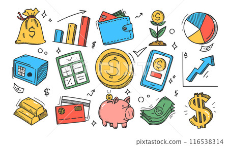 Set of financial doodle icons in doodle style 116538314