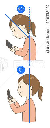 一位年輕女性以正確姿勢和駝背姿勢（垂直）看智慧型手機的兩個角度的比較圖 116538432