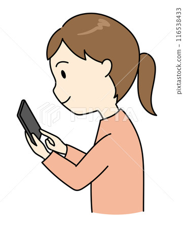 一名年輕女子向前傾著身子看著智慧型手機的插圖 116538433
