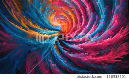 A dynamic abstract background with a kaleidoscope of vibrant colors including deep blue, fiery orange and hot pink. The composition radiates energy and movement, creating a visually stunning 116538501