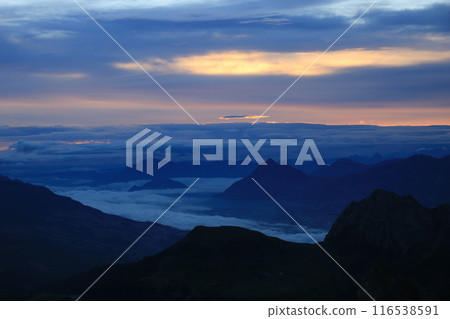Sunrise view from Mount Brienzer Rothorn, colorful morning sky. 116538591