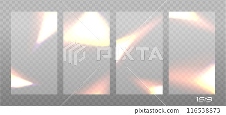 16x9 backgrounds set with Overlay effect of exposed old photo with burn edges. Realistic vector illustration of camera film light filter for vintage look with with blur glare, noise and grain. 16x9 backgrounds set with Overlay effect of exposed old photo with burn edges. Realistic vector illustration of camera film light filter for vintage look with with blur glare, noise and grain. 116538873