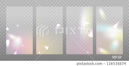 Glass prism light reflection backgrounds collection. Abstract diamond caustics, lens illumination effects and colorful crystal flare overlay set. Glowing bright rays and colorful light effects. Vector 116538874