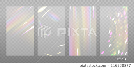 Rainbow highlights set on a light background. Glare or reflection from water and glass in 16x9 size. Glittering particles for social media backgrounds, product presentations, photo shots. Vector Rainbow highlights set on a light background. Glare or reflection from water and glass in 16x9 size. Glittering particles for social media backgrounds, product presentations, photo shots. Vector 116538877