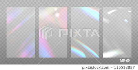 Set of 16x9 overlays with colourful lens, crystal rainbow light and flare transparent effects. Triangular prism concept. Vector illustration. Rainbow light rays, lens flare, glass reflection effect 116538887