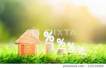 Mortgage rates business concept of investment housing real estate interest rates 3d home appraisal. planning savings money of coins to buy a home concept. 116538999